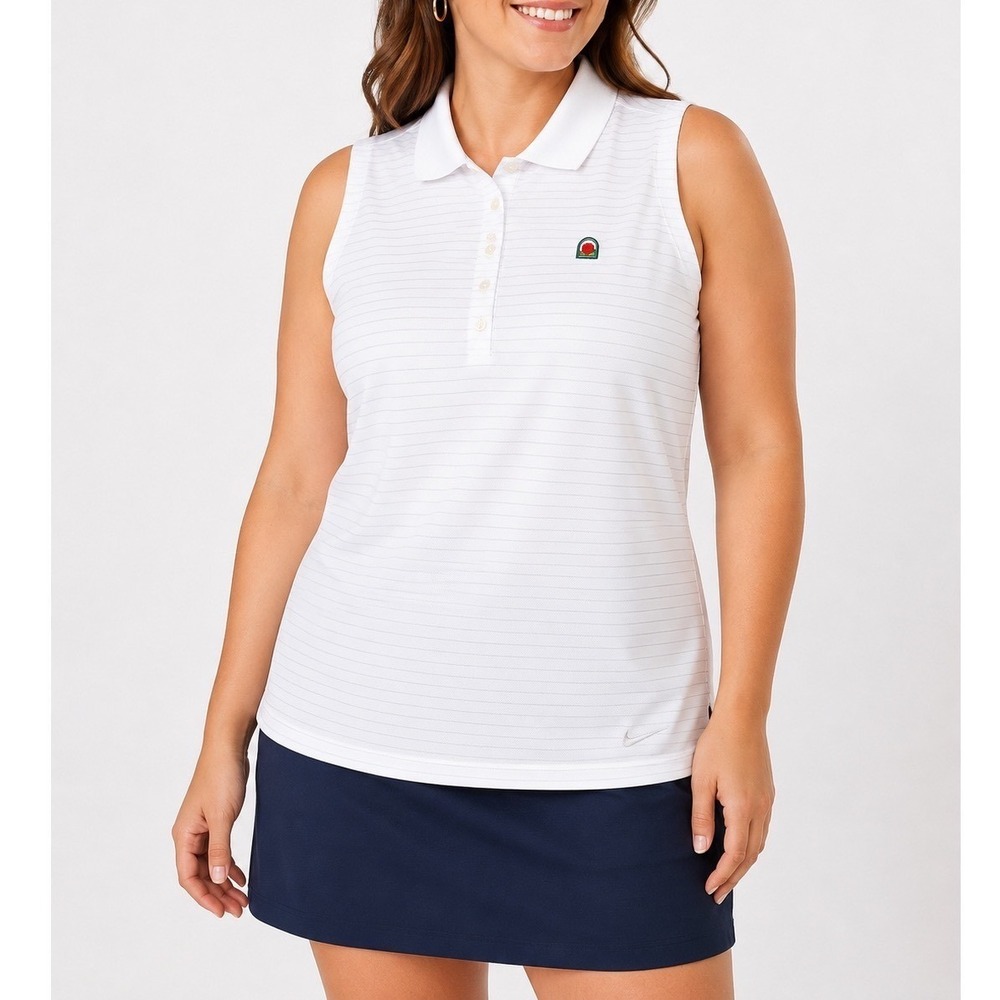 Nike Golf Sleeveless Polo Women M White Pinstripe Dri-FIT Apple Patch Top Sporty